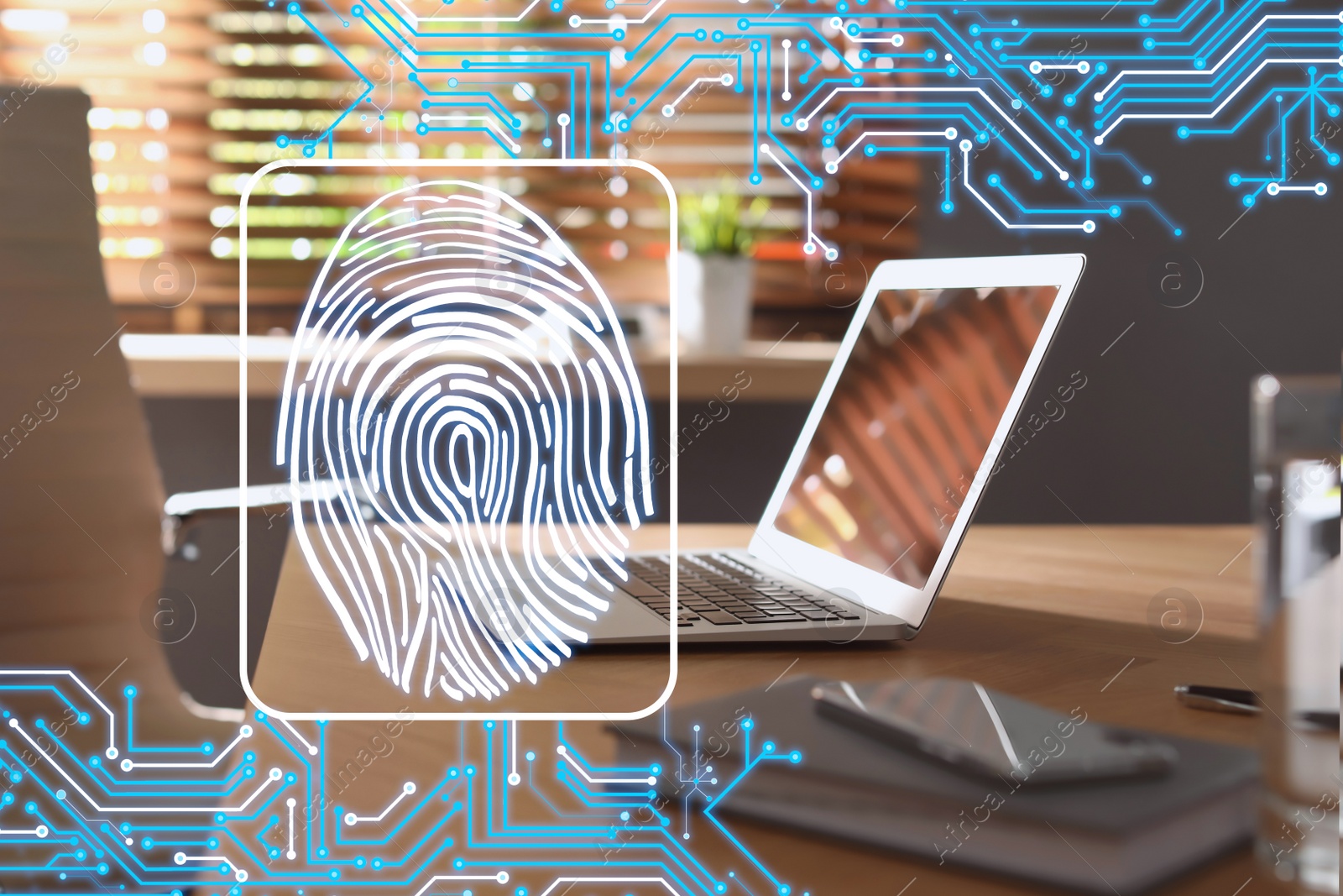 Image of Fingerprint identification. Modern laptop and smartphone on table indoors