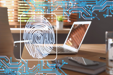 Image of Fingerprint identification. Modern laptop and smartphone on table indoors