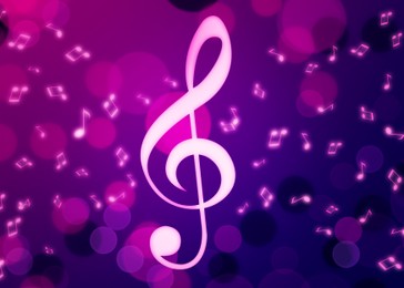 Illustration of Treble clef and music notes flying on pink and purple background, bokeh effect. Beautiful illustration design