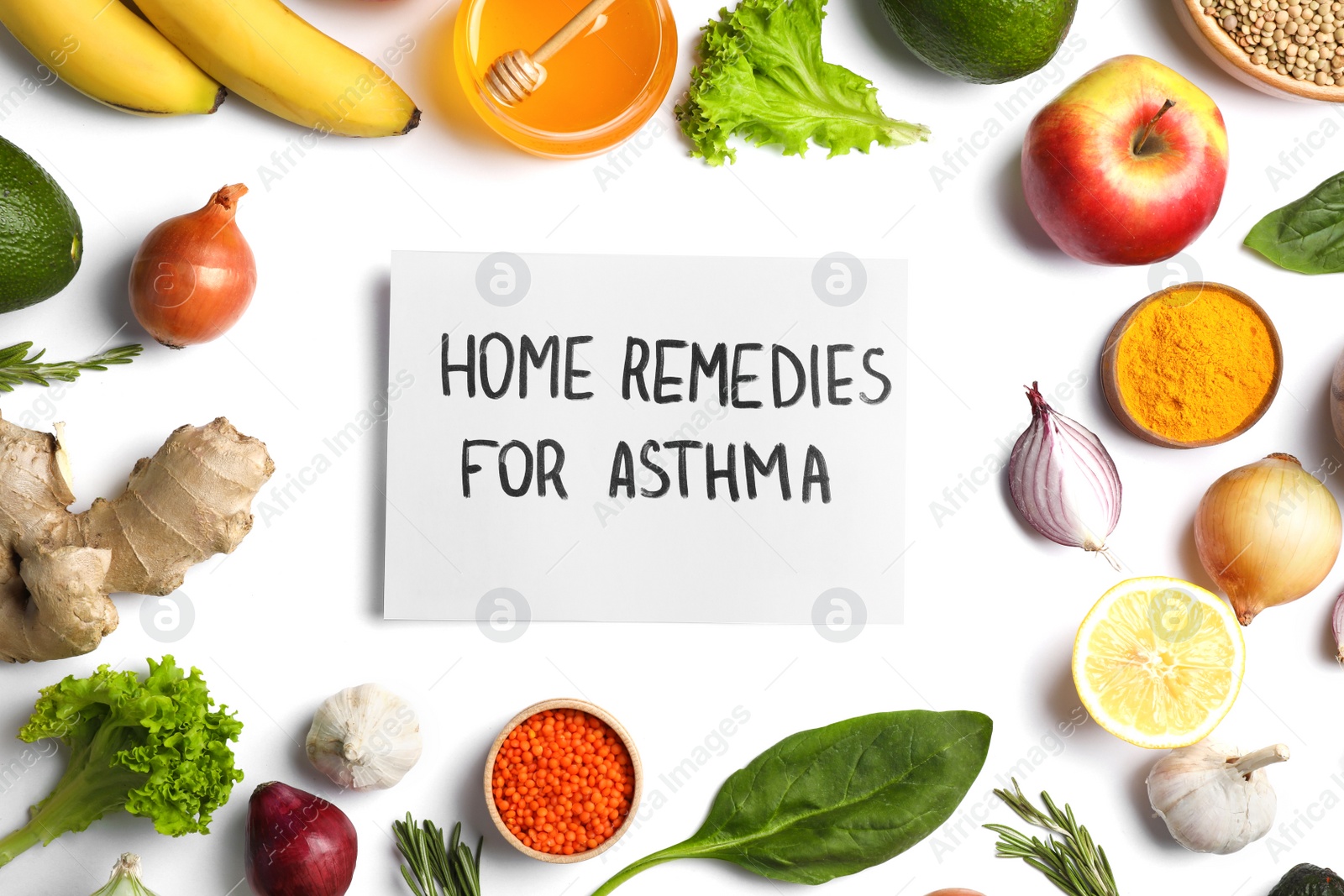 Photo of Natural products and paper with text HOME REMEDIES FOR ASTHMA on white background, top view