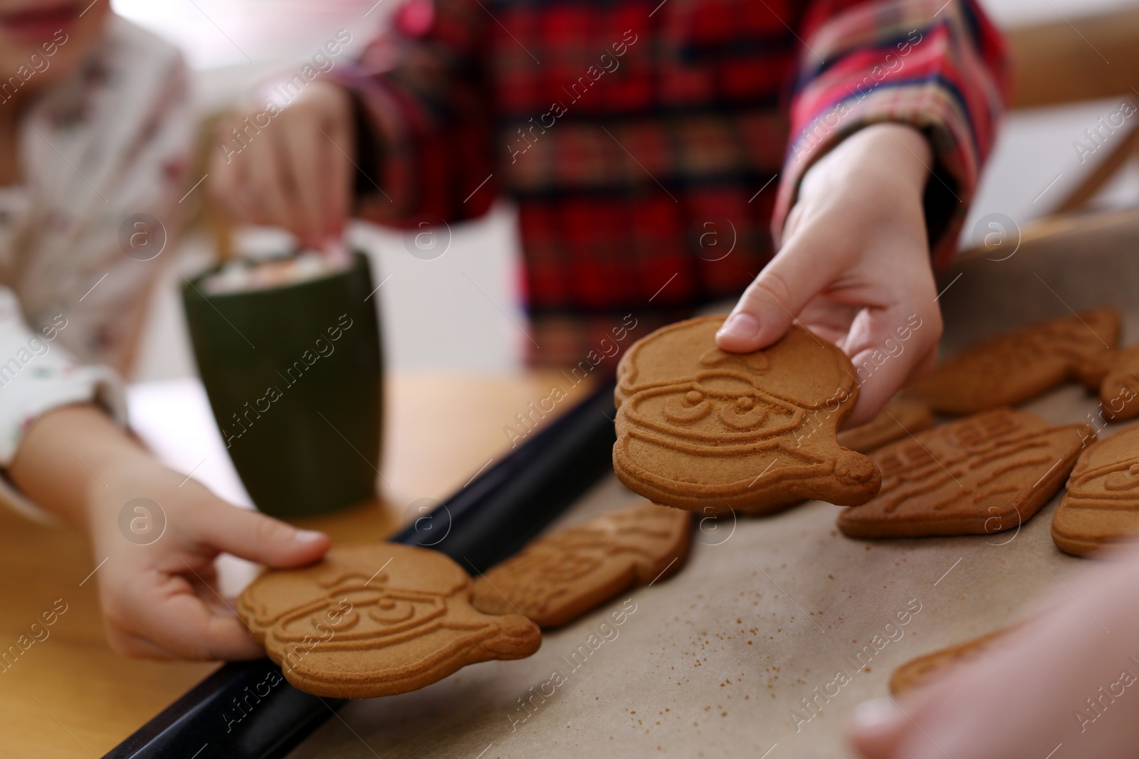 Photo of Little children taking tasty Christmas cookies from baking sheet, closeup