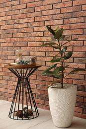 Photo of Stylish room interior with beautiful plant and side table near brick wall