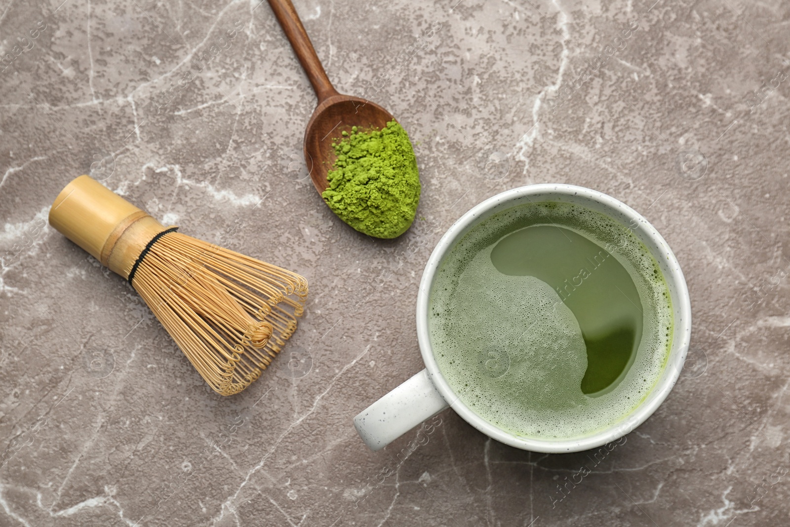 Photo of Flat lay composition with matcha tea on table