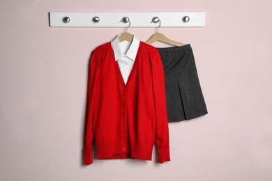 Photo of Shirt, jumper and skirt hanging on pink wall. School uniform