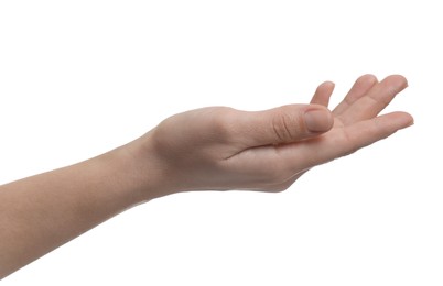 Woman holding something in hand on white background, closeup