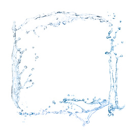 Image of Frame made of water splashes on white background, space for text