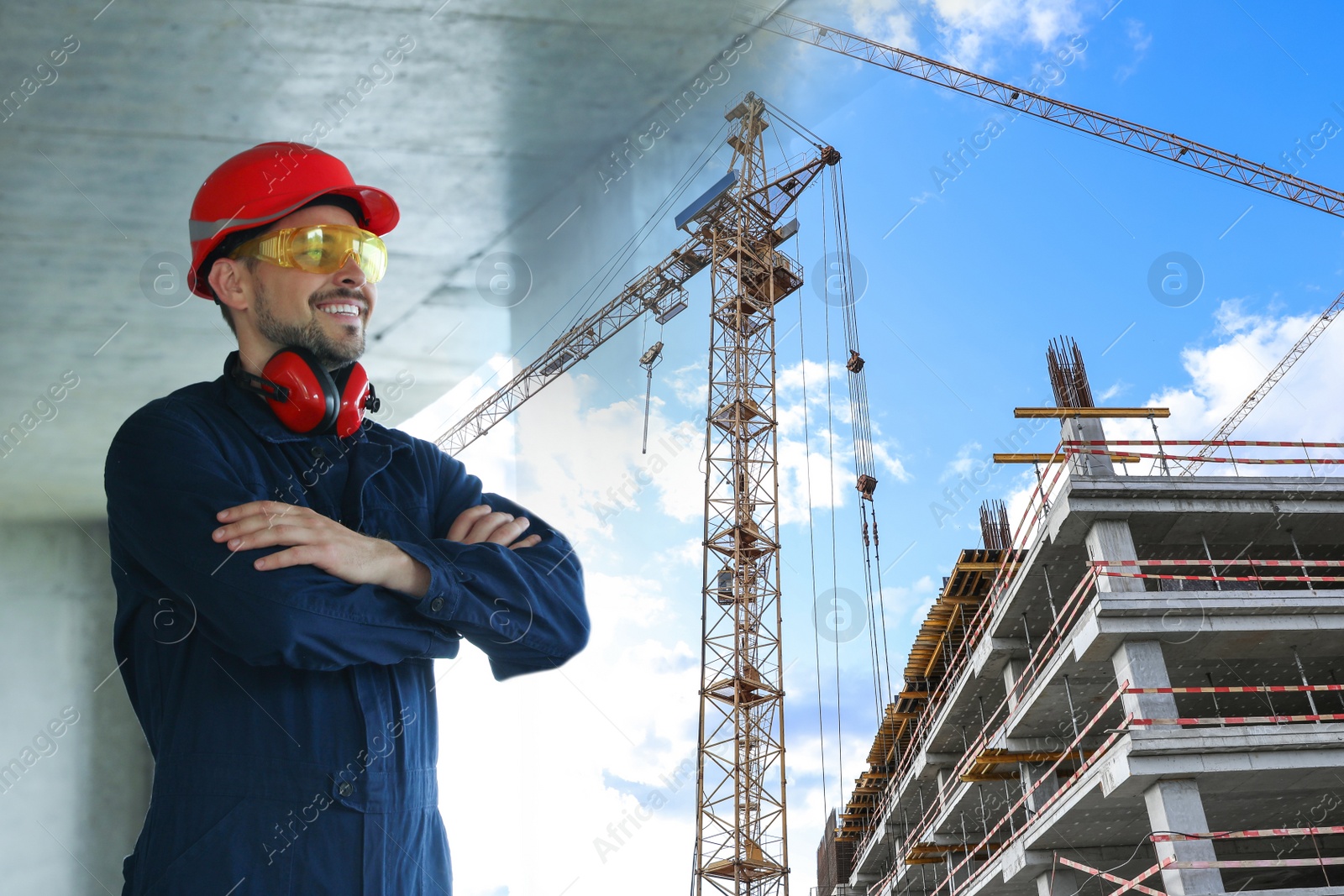 Image of Double exposure of engineer at construction site and unfinished building