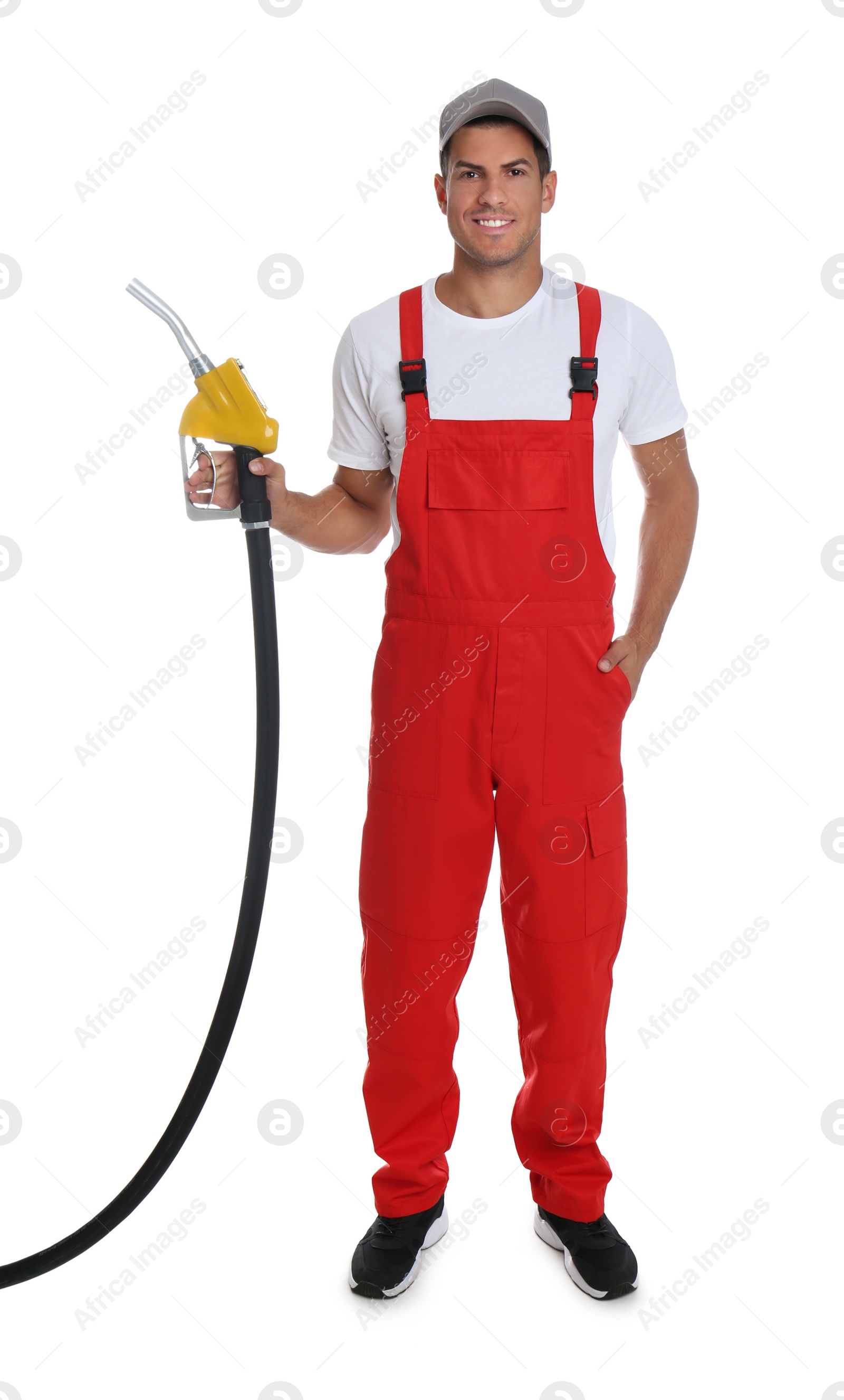 Photo of Gas station worker with fuel nozzle on white background