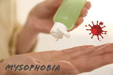 Woman applying antiseptic gel indoors, closeup. Mysophobia