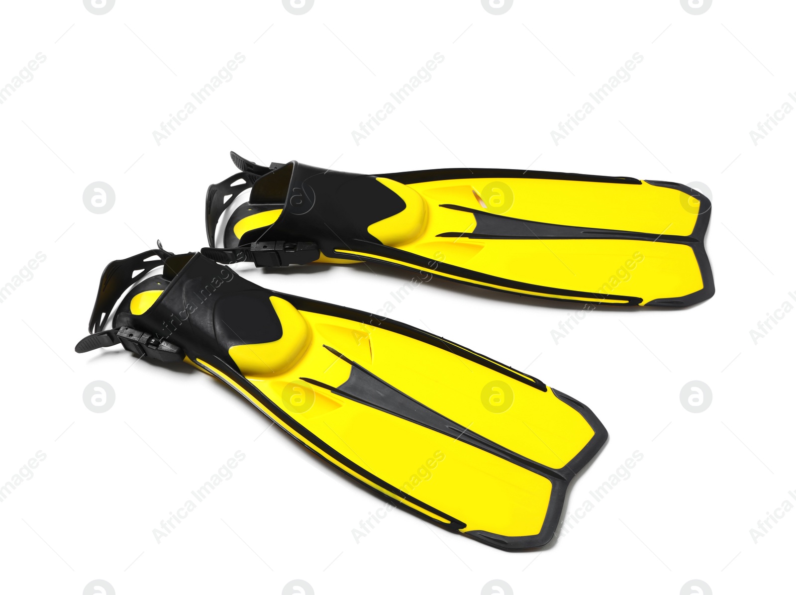 Photo of Pair of yellow flippers on white background