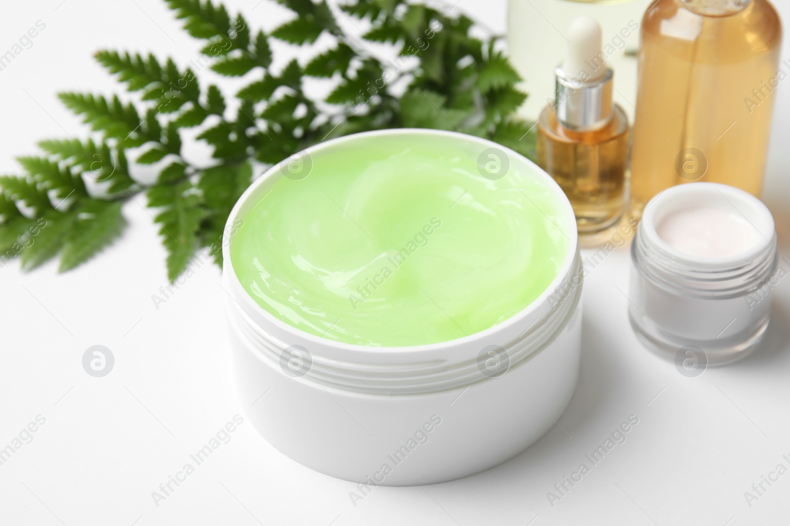Photo of Different body care products on white background. Mockup for design