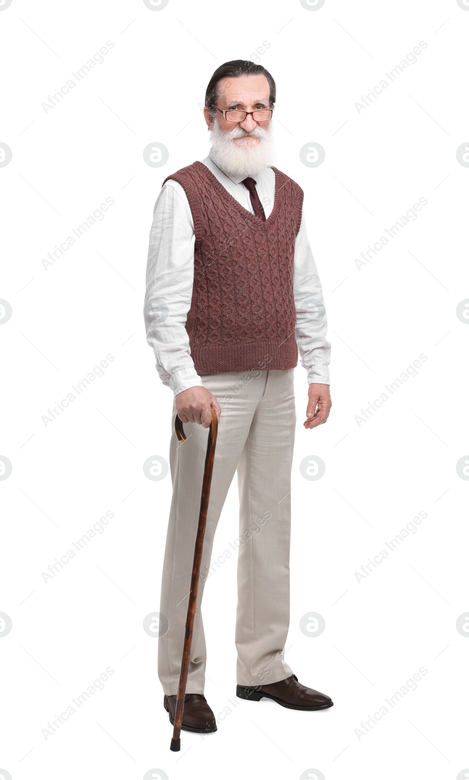 Photo of Senior man with walking cane on white background