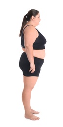 Overweight woman before weight loss on white background