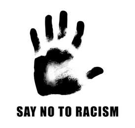 Illustration of SAY NO TO RACISM. Black hand print on white background