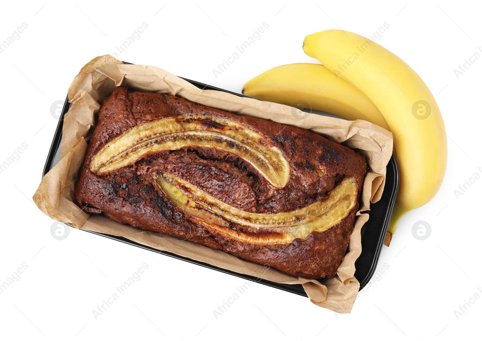 Photo of Delicious homemade banana bread and fresh fruits isolated on white, top view