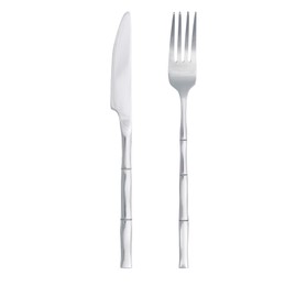 Shiny silver knife and fork on white background, top view