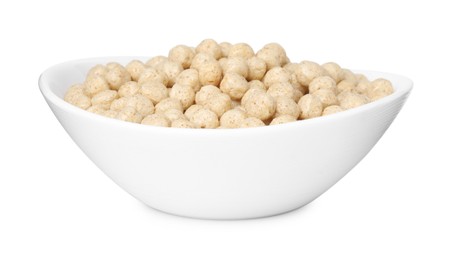 Photo of Tasty sweet cereal balls in bowl isolated on white