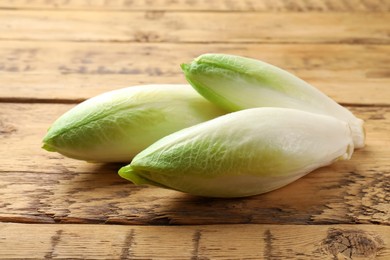 Photo of Fresh raw Belgian endives (chicory) on wooden table