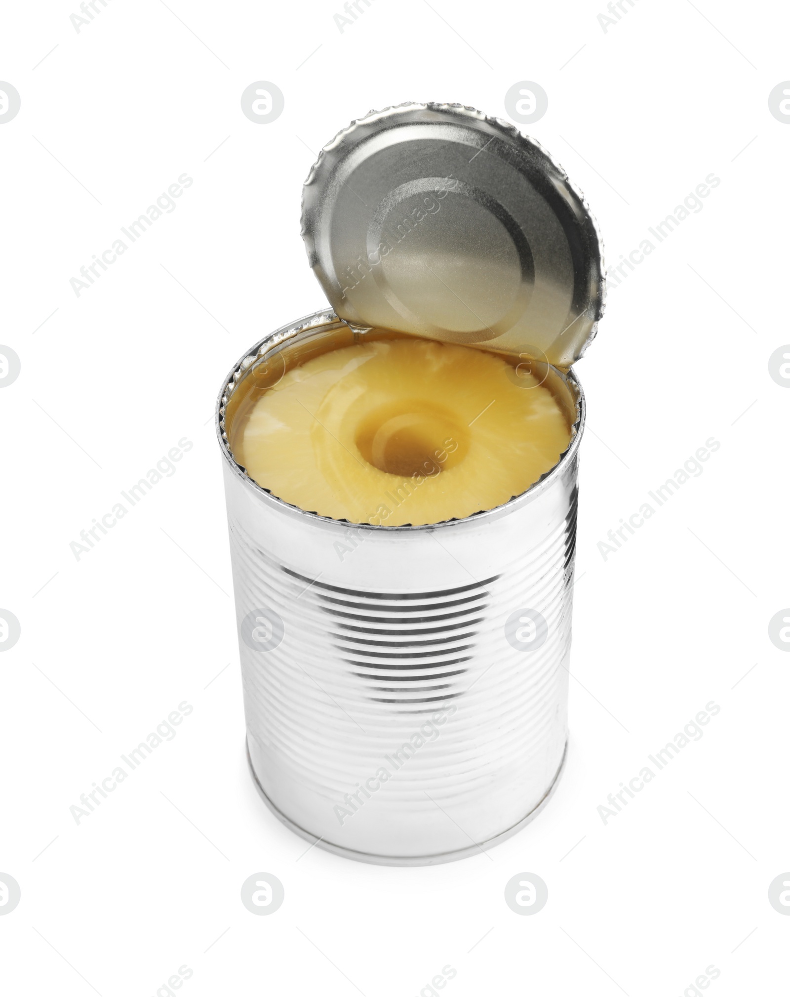 Photo of Open tin with canned pineapple isolated on white