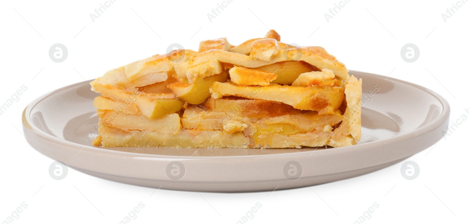 Photo of Plate with piece of tasty homemade quince pie isolated on white