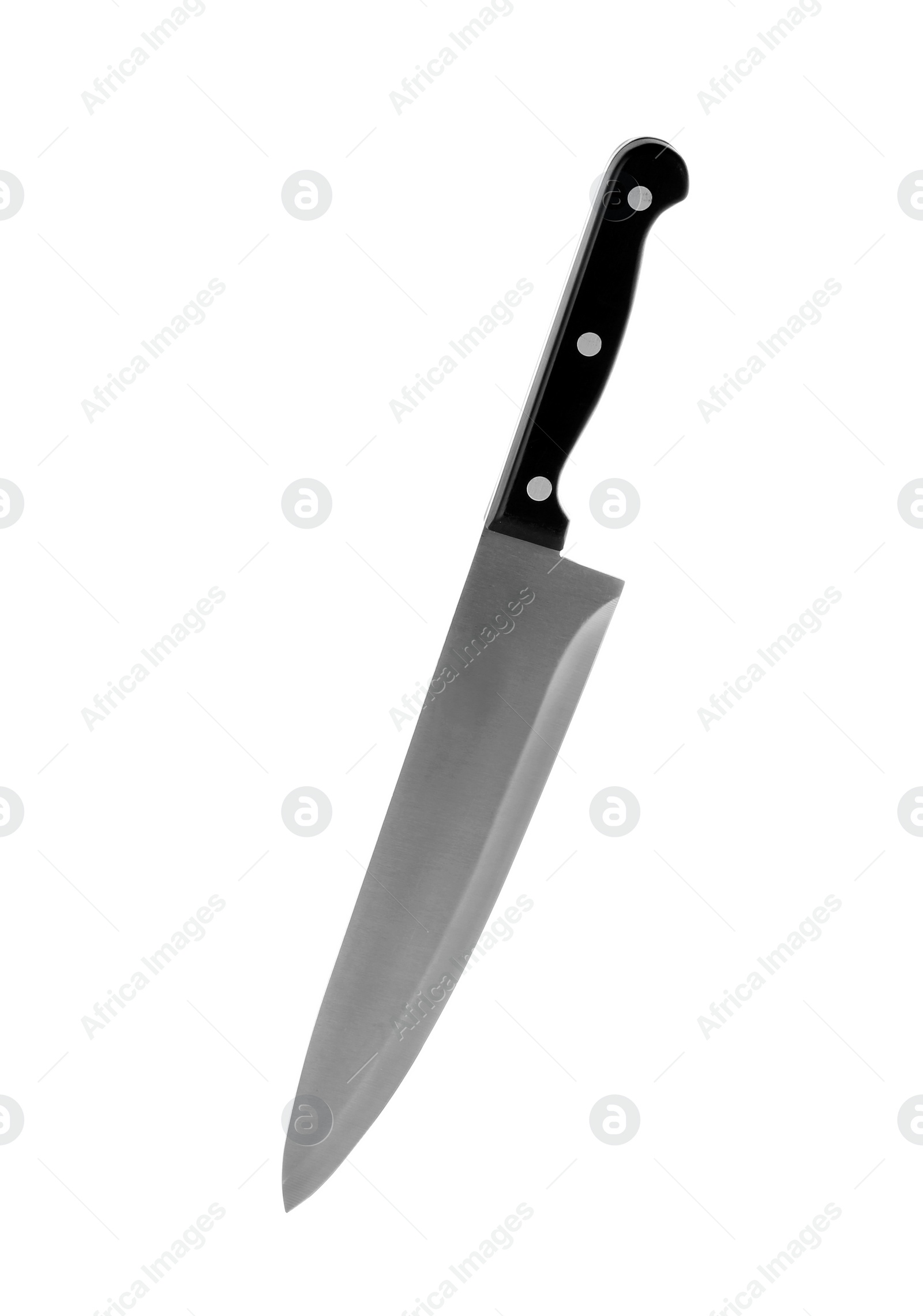 Photo of Modern chef's knife with black handle isolated on white