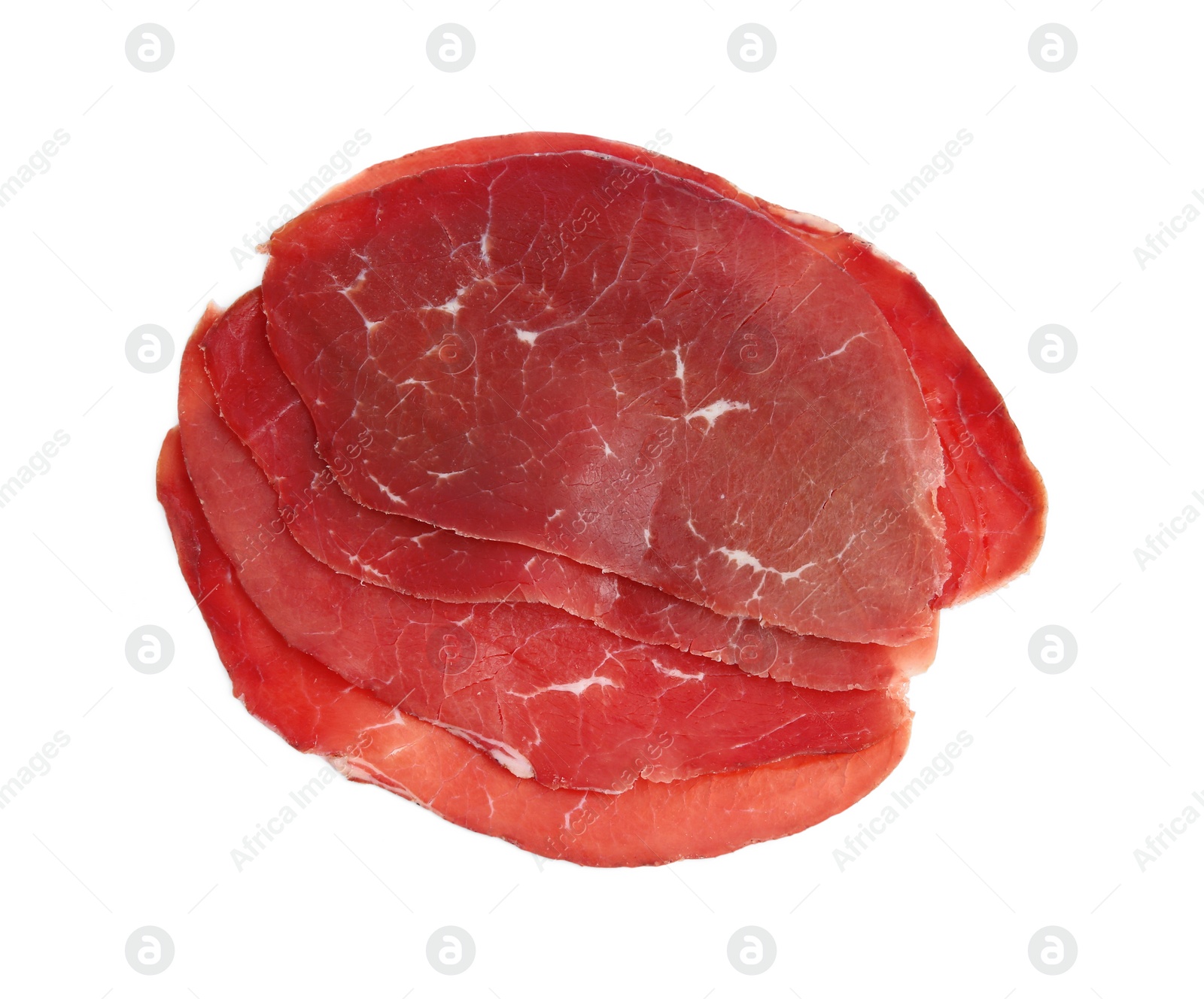 Photo of Slices of tasty bresaola isolated on white, top view