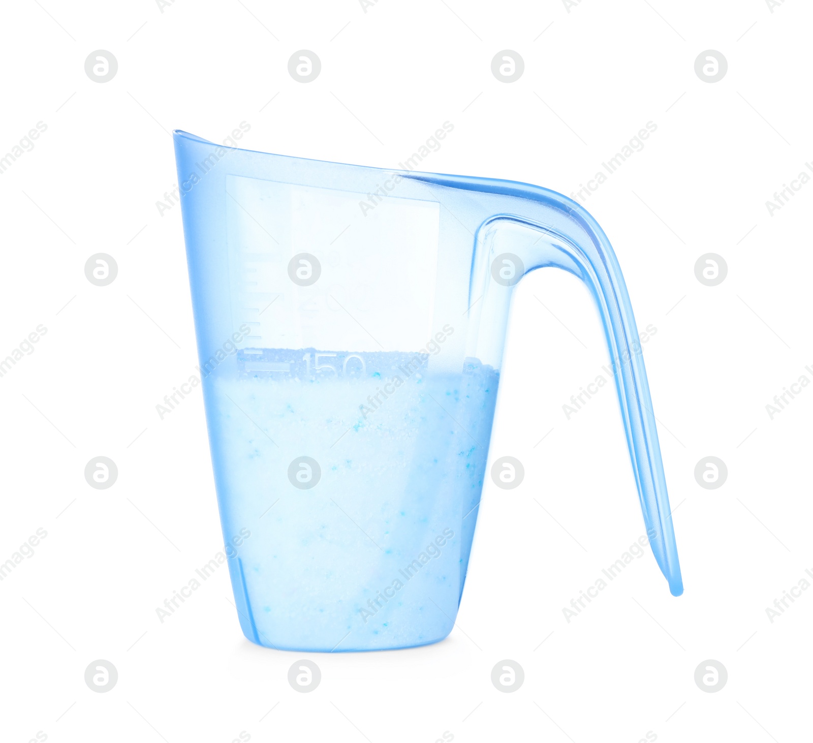 Photo of Laundry detergent in plastic measuring cup on white background