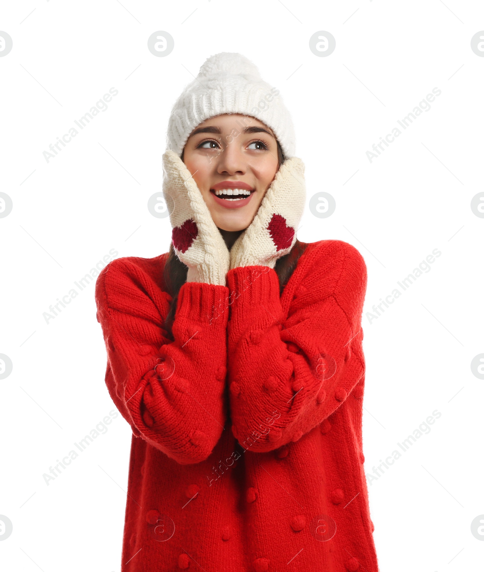 Photo of Young woman wearing warm clothes on white background. Winter season