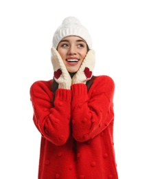 Photo of Young woman wearing warm clothes on white background. Winter season