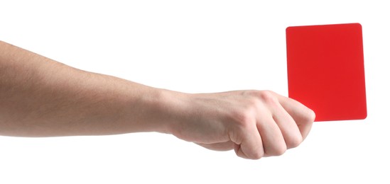 Referee holding red card on white background, closeup