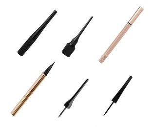 Image of Collage with different eyeliners on white background, top view