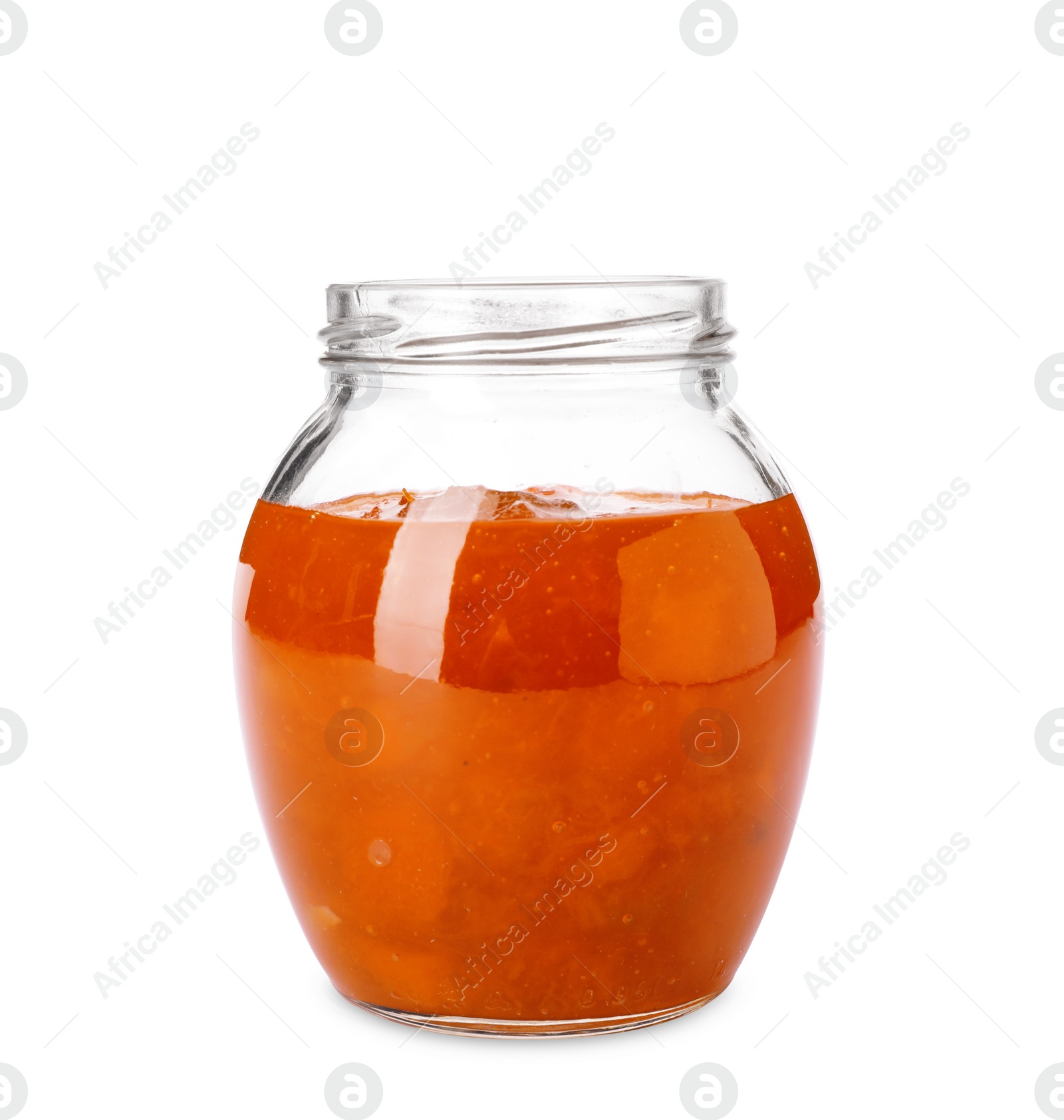 Photo of Jar with tasty apricot jam on white background