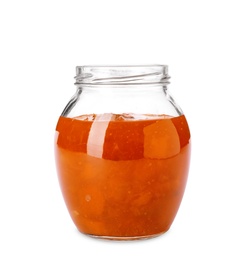 Photo of Jar with tasty apricot jam on white background