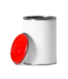 Photo of Open paint can and cap isolated on white