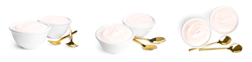 Set of delicious natural yogurt in bowls and spoons on white background. Banner design