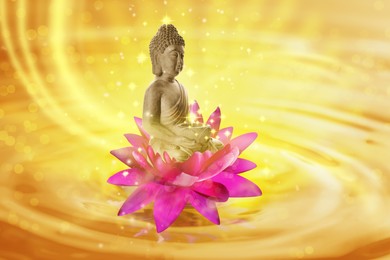 Image of Beautiful composition with Buddha sculpture and lotus flower on water surface