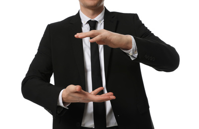 Photo of Businessman holding something on white background, closeup