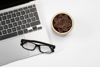 Modern laptop, houseplant and glasses on white background, flat lay