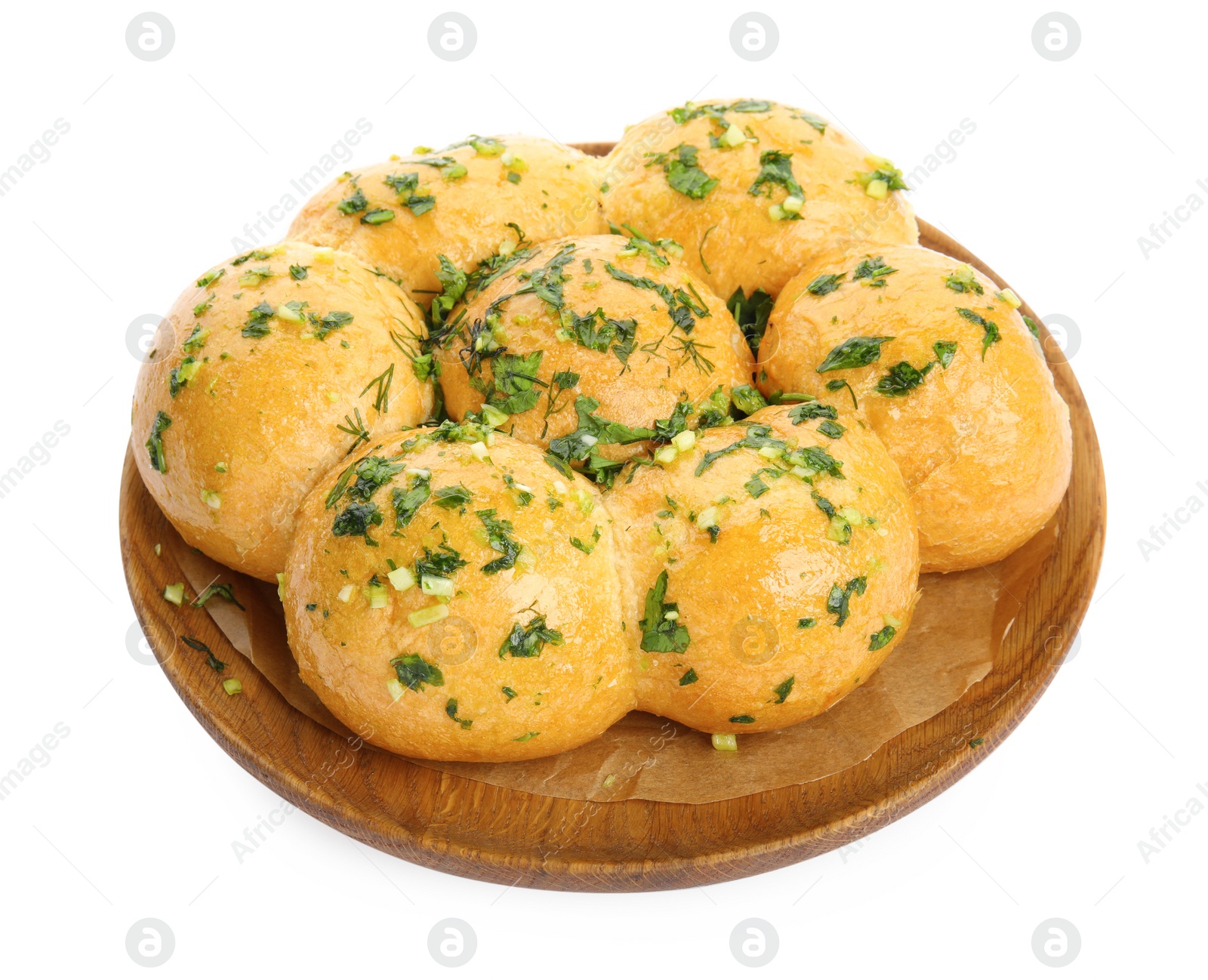 Photo of Traditional pampushka buns with garlic and herbs on white background