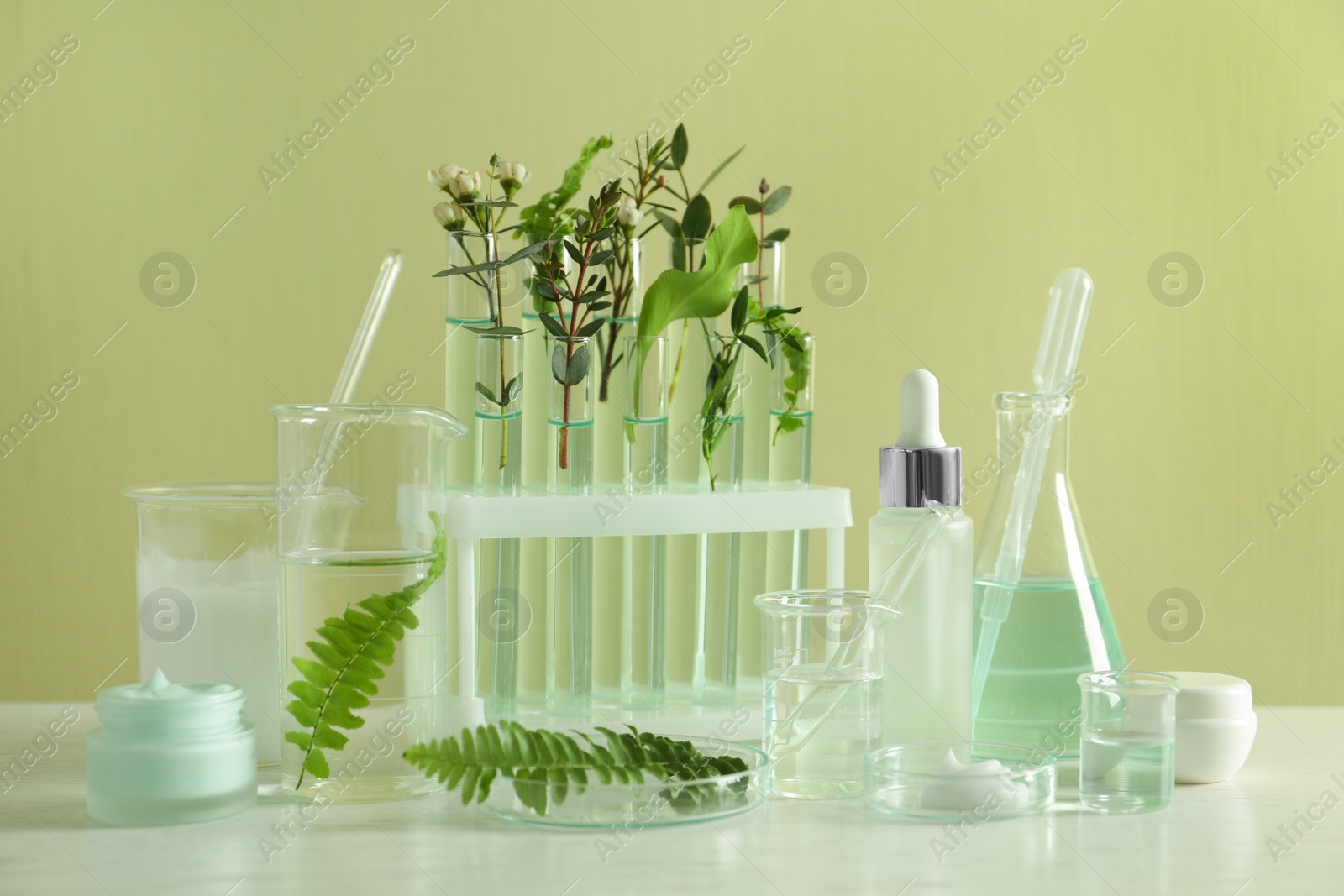 Photo of Natural ingredients for cosmetic products and laboratory glassware on white table