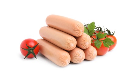 Photo of Delicious boiled sausages, tomatoes and parsley on white background