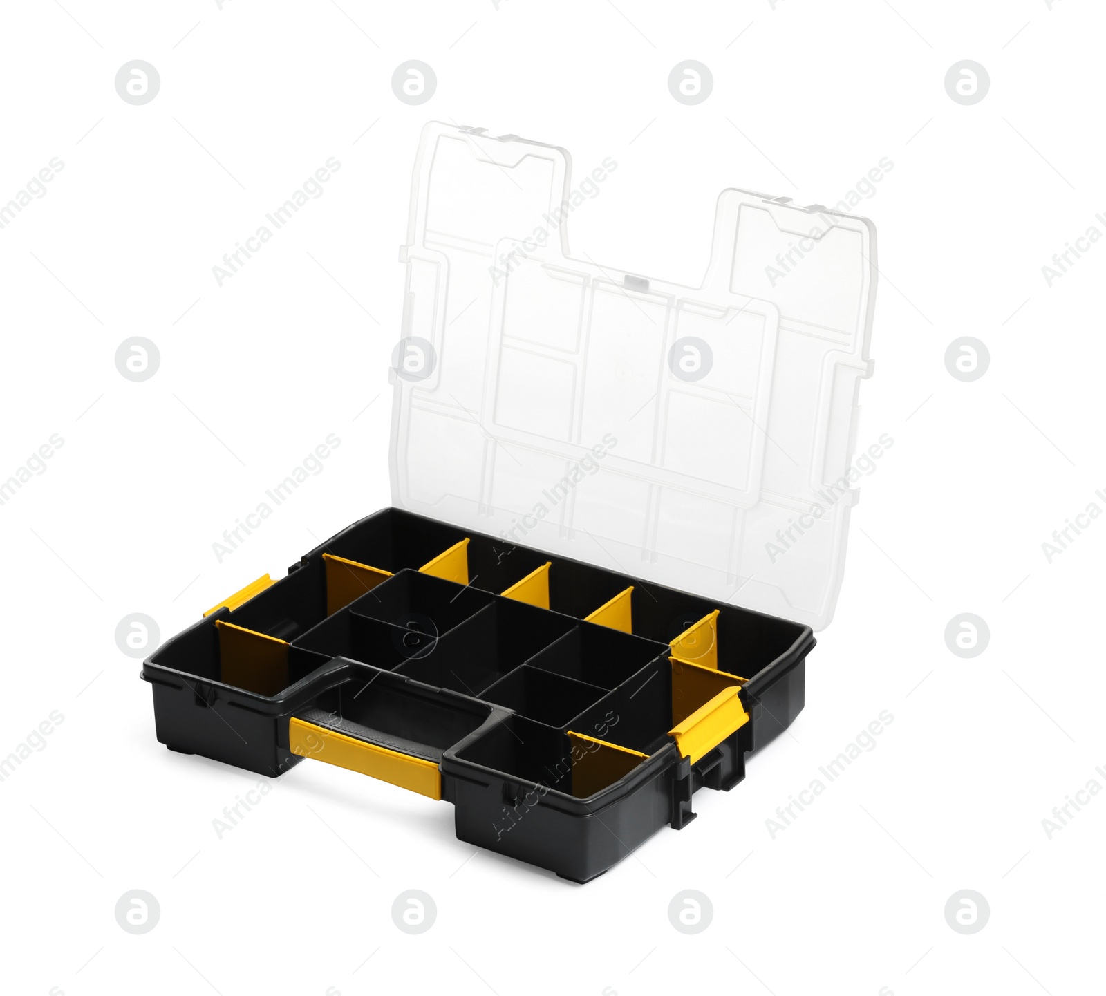 Photo of Empty plastic box for tools isolated on white
