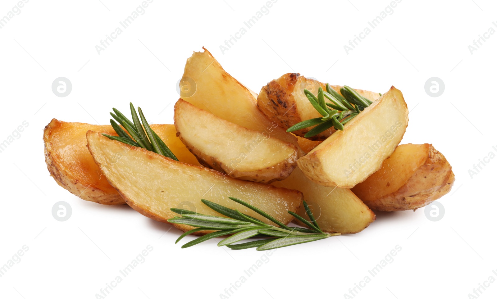 Photo of Tasty baked potato wedges with rosemary on white background