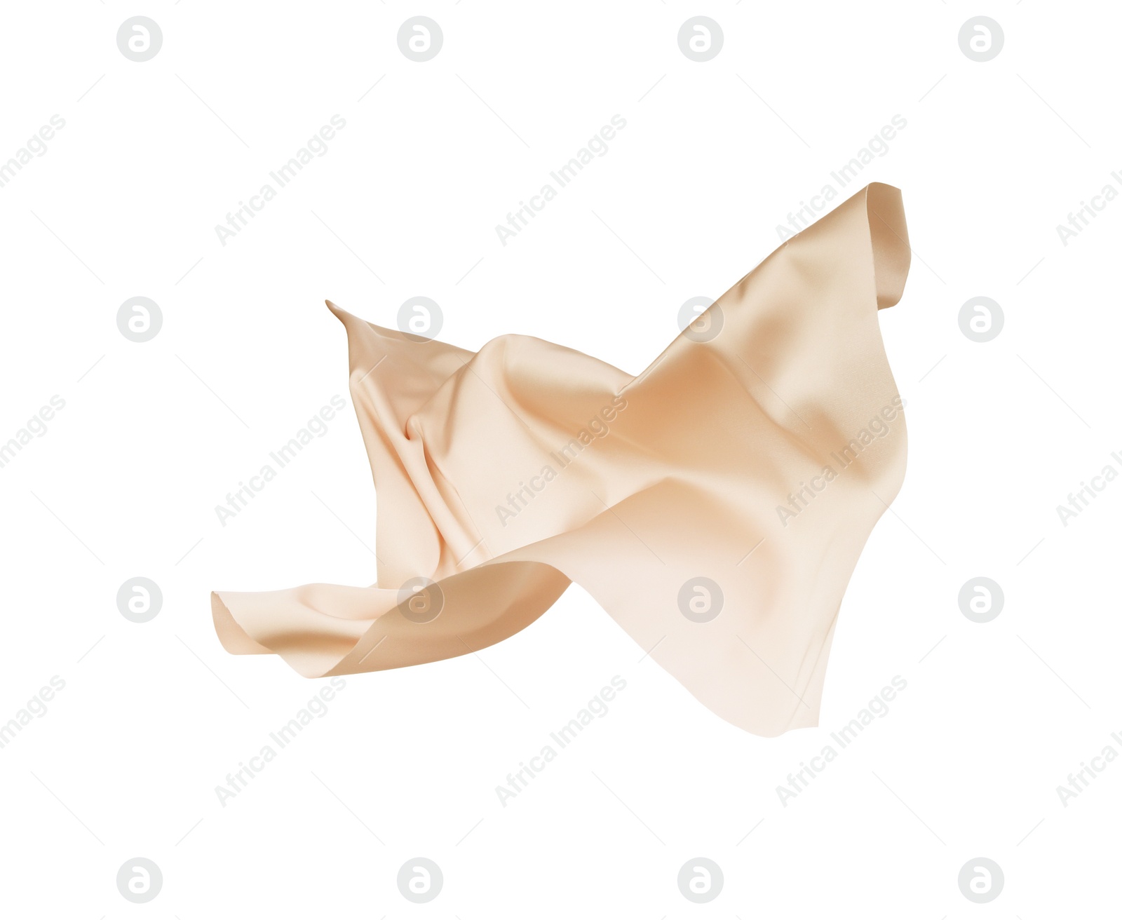 Photo of Beautiful delicate pale pink silk floating on white background