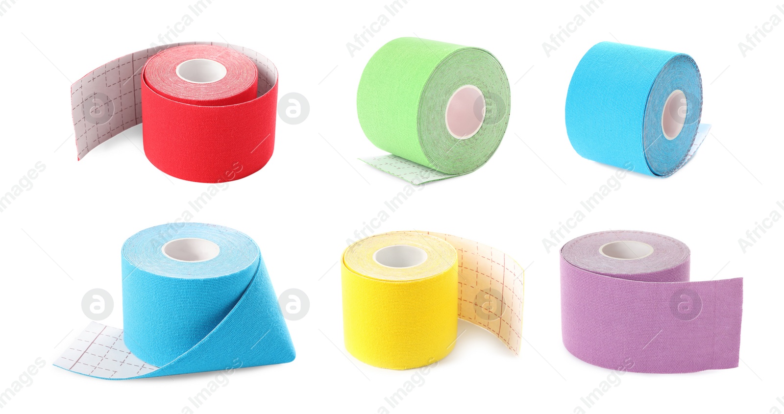 Image of Set with different color kinesio tapes on white background. Banner design