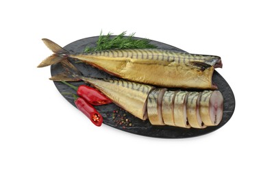 Photo of Delicious smoked mackerels with pepper, dill and spices on white background, top view