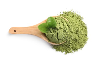 Wooden spoon with green matcha powder and leaves isolated on white, top view