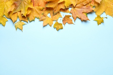 Photo of Pile of autumn leaves on blue background, top view. Space for text