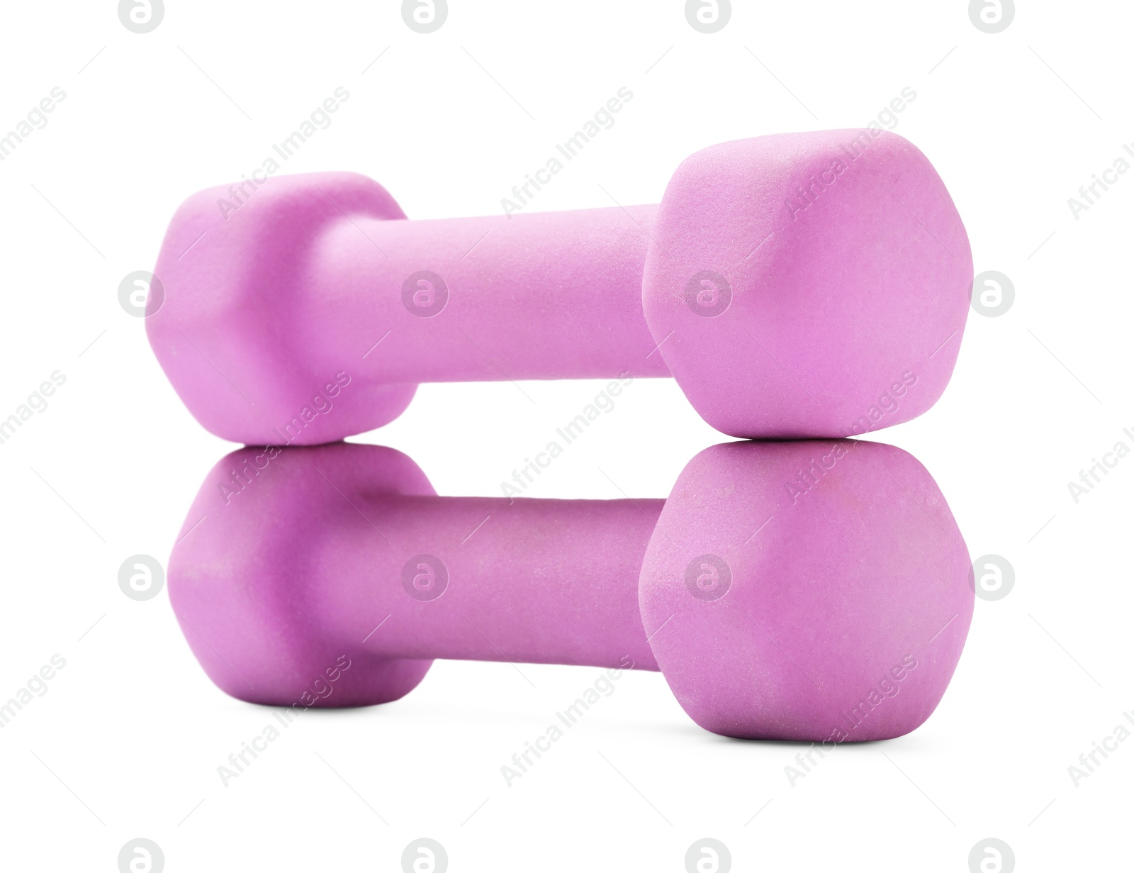 Photo of Violet dumbbells isolated on white. Sports equipment