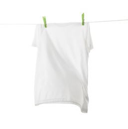 One t-shirt drying on washing line isolated on white